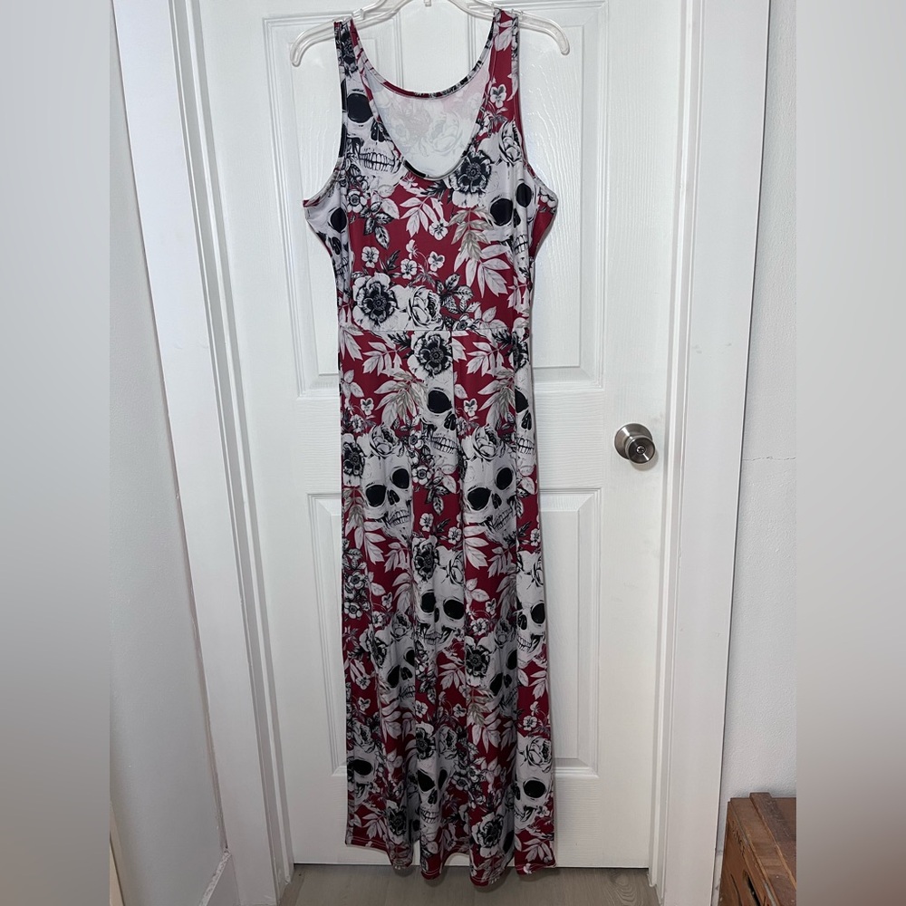 Sleeveless Floral & Skull Maxi Length Palazzo Jumpsuit in Deep Red and White